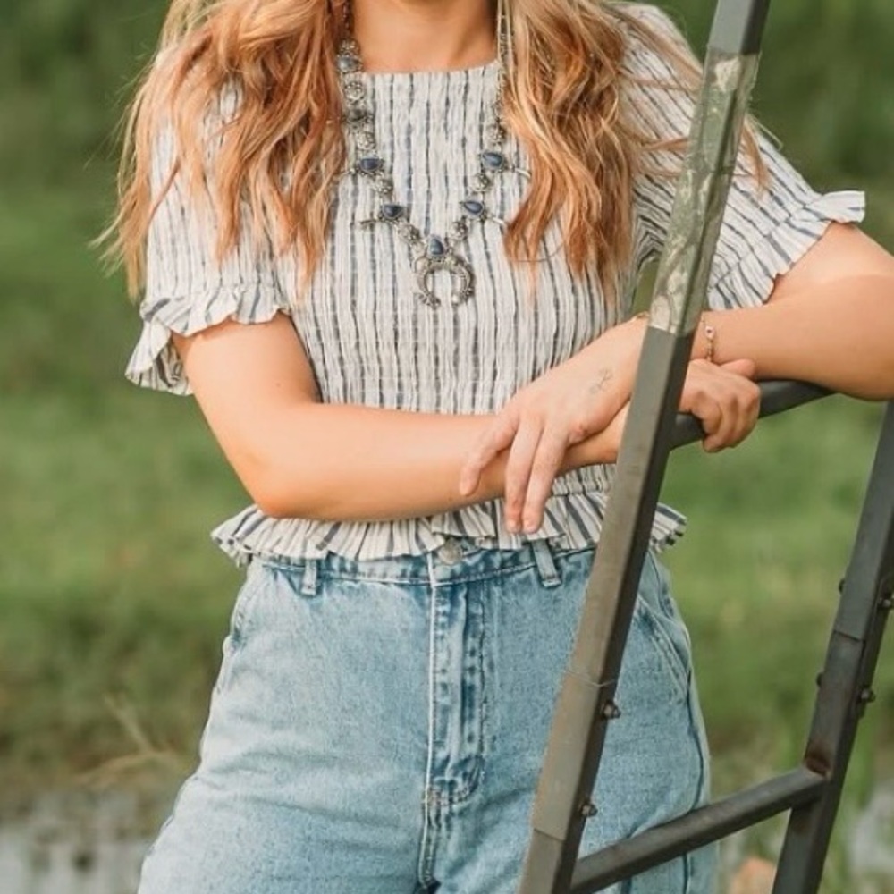TCEC Blue & White Striped Smocked Ruffle Crop Top